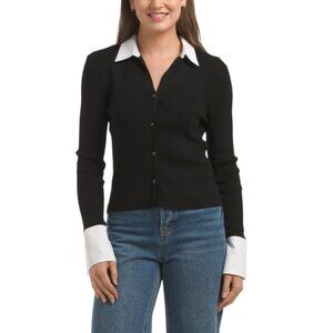 ELLEN TRACY Black Button Front Sweater With Woven Collar And Cuffs